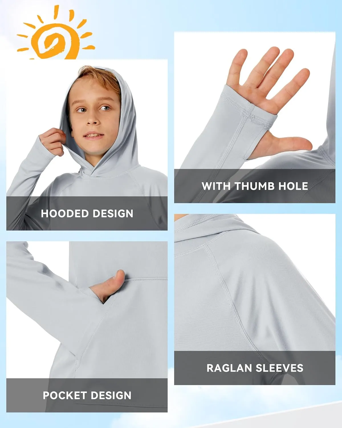 Boys Rash Guard Long Sleeve Hoodie Swim Shirt with Pocket Youth Kids UPF 50  Sun Protection Fishing Shirts Thumb Hole