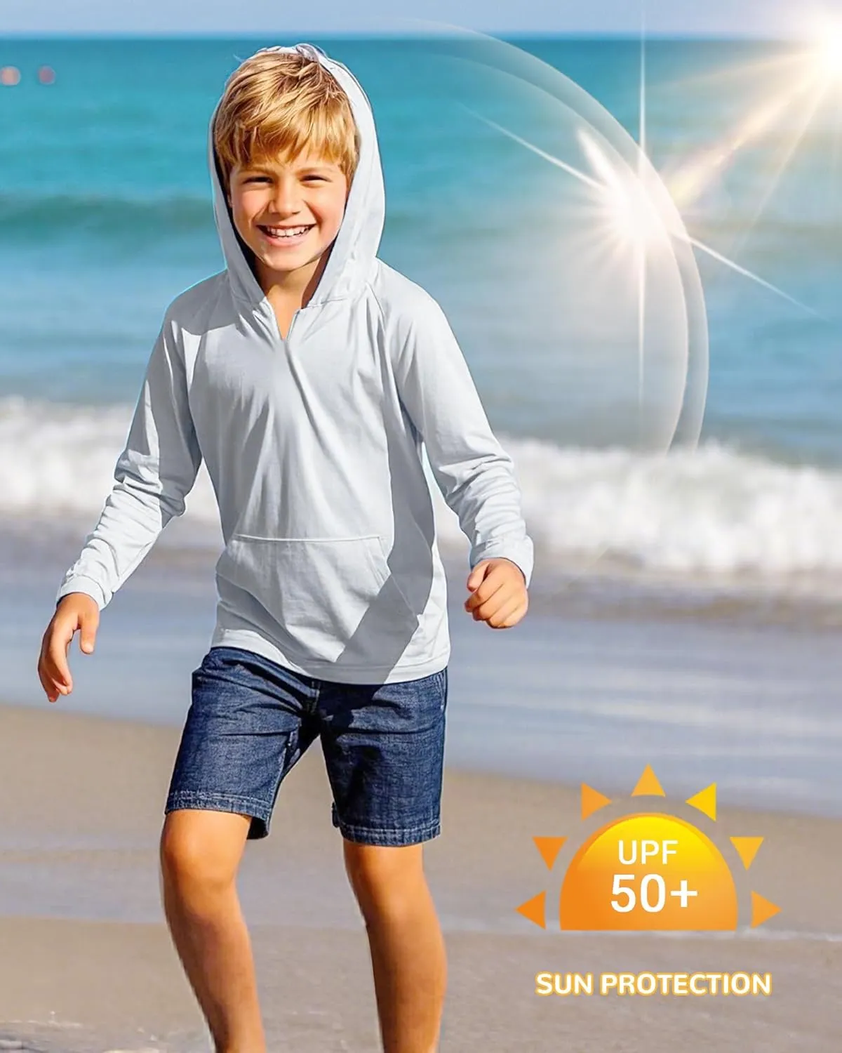 Boys Rash Guard Long Sleeve Hoodie Swim Shirt with Pocket Youth Kids UPF 50  Sun Protection Fishing Shirts Thumb Hole