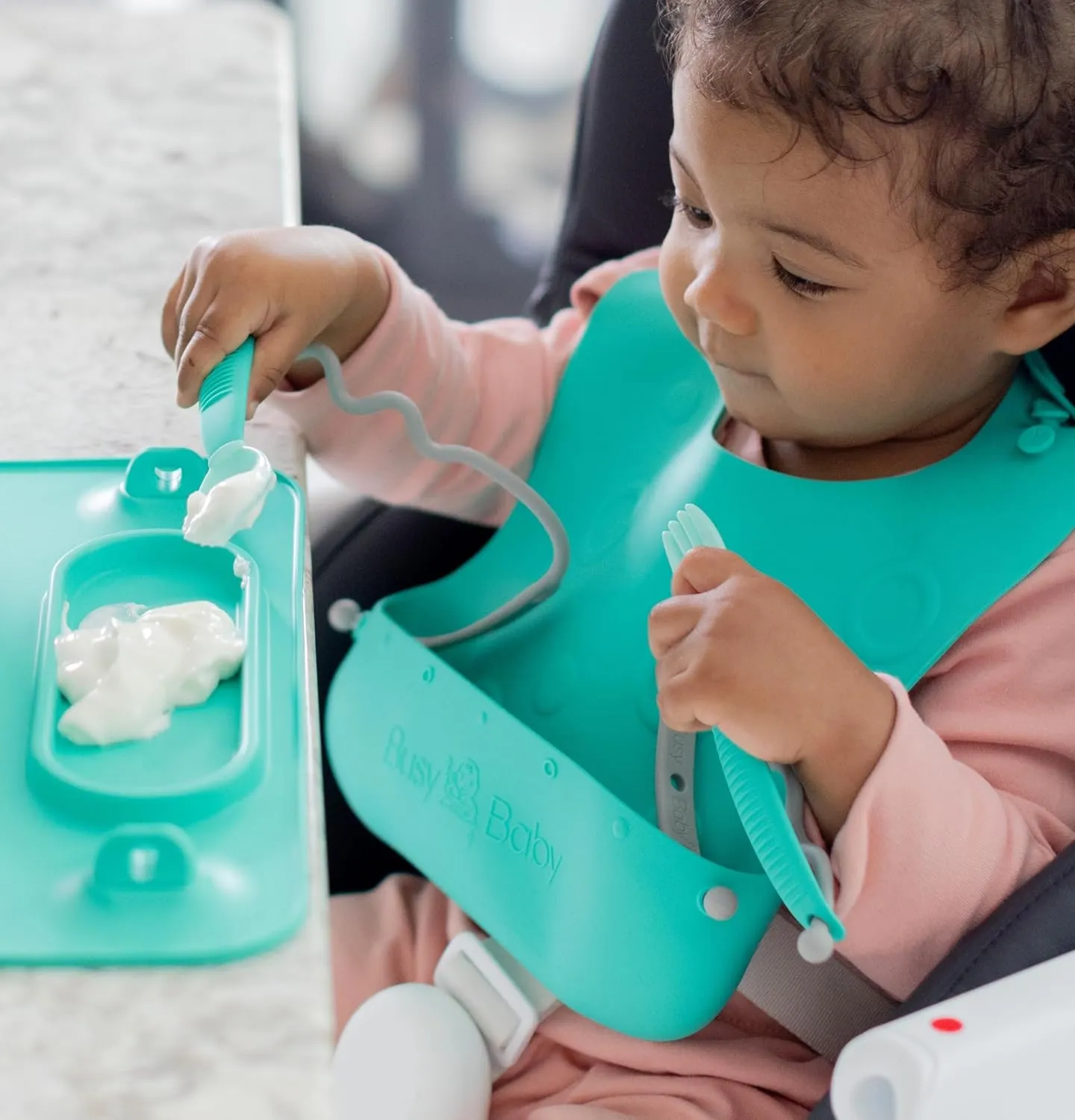 BUSY BABY Bungee Bib & Utensil Set ?C Adjustable Silicone Bib with Pocket & Tethered Utensils for Babies & Toddlers