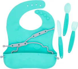 BUSY BABY Bungee Bib & Utensil Set ?C Adjustable Silicone Bib with Pocket & Tethered Utensils for Babies & Toddlers