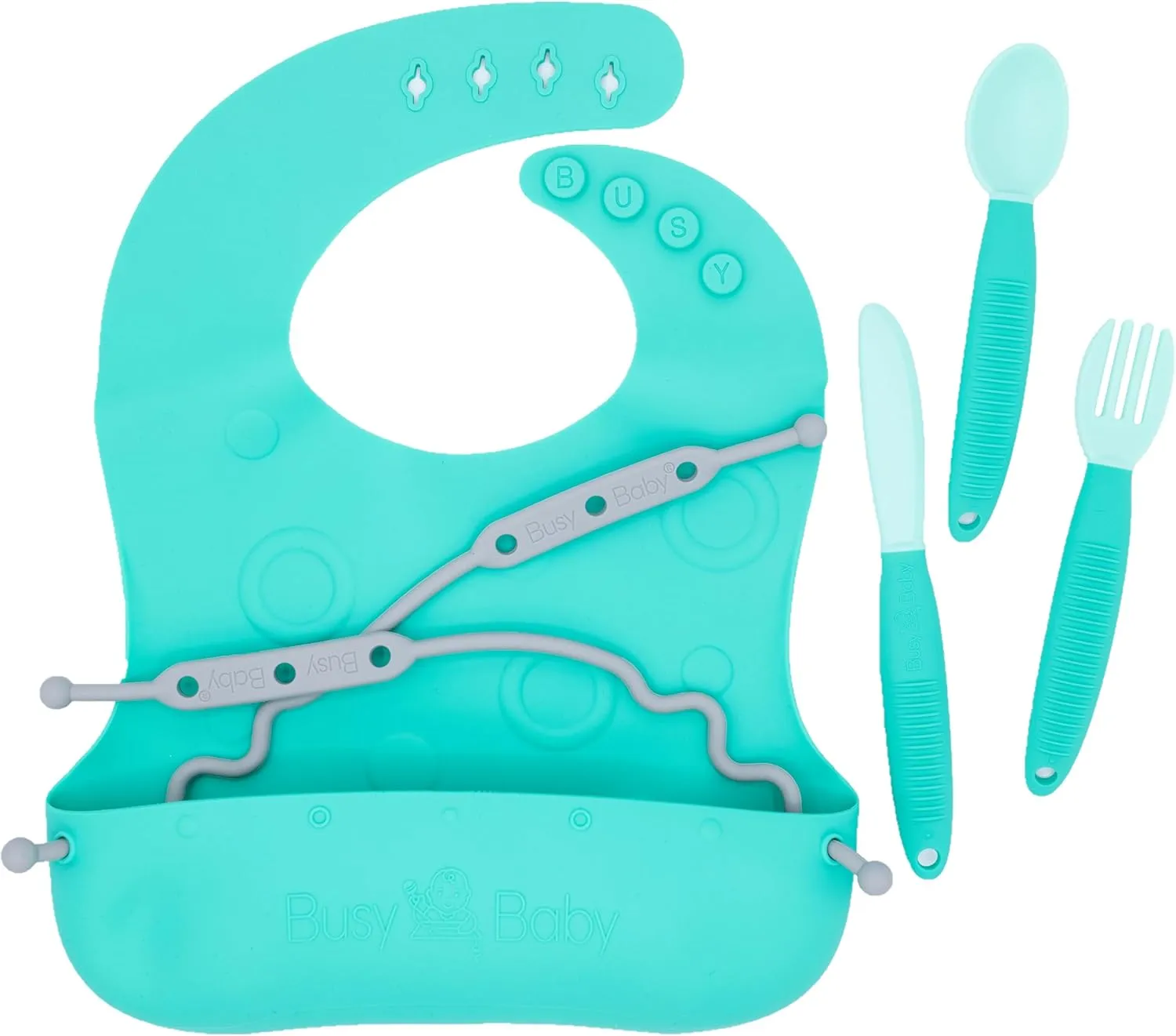 BUSY BABY Bungee Bib & Utensil Set ?C Adjustable Silicone Bib with Pocket & Tethered Utensils for Babies & Toddlers