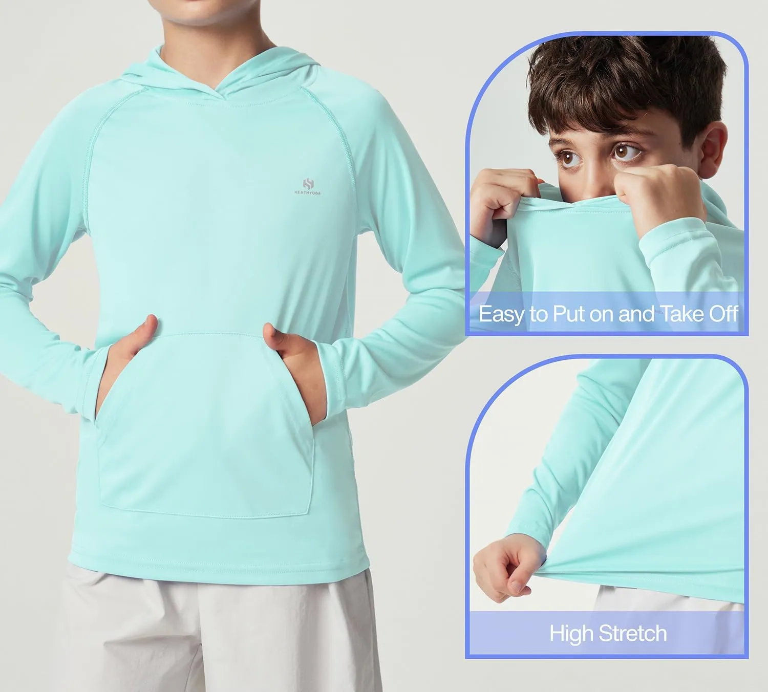Heathyoga Rash Guard for Boys Swim Shirt UPF 50  UV Sun Protection Hooded Fishing Shirt with Pocket for Toddler Kid