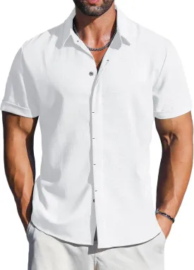 LETSEE Linen Shirts for Men Short Sleeve Button Down Dress Casual Shirt Beach Summer Wedding Hawaiian Outfit