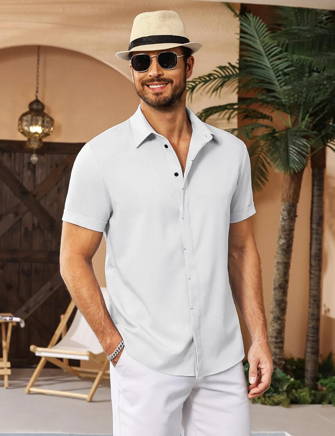LETSEE Linen Shirts for Men Short Sleeve Button Down Dress Casual Shirt Beach Summer Wedding Hawaiian Outfit
