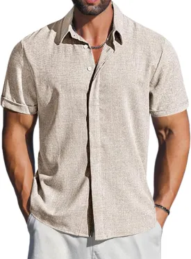 LETSEE Linen Shirts for Men Short Sleeve Button Down Dress Casual Shirt Beach Summer Wedding Hawaiian Outfit