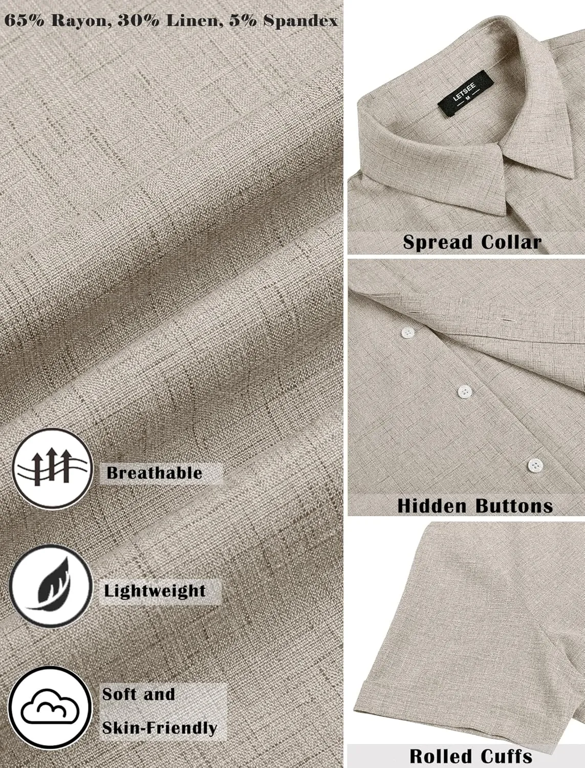 LETSEE Linen Shirts for Men Short Sleeve Button Down Dress Casual Shirt Beach Summer Wedding Hawaiian Outfit