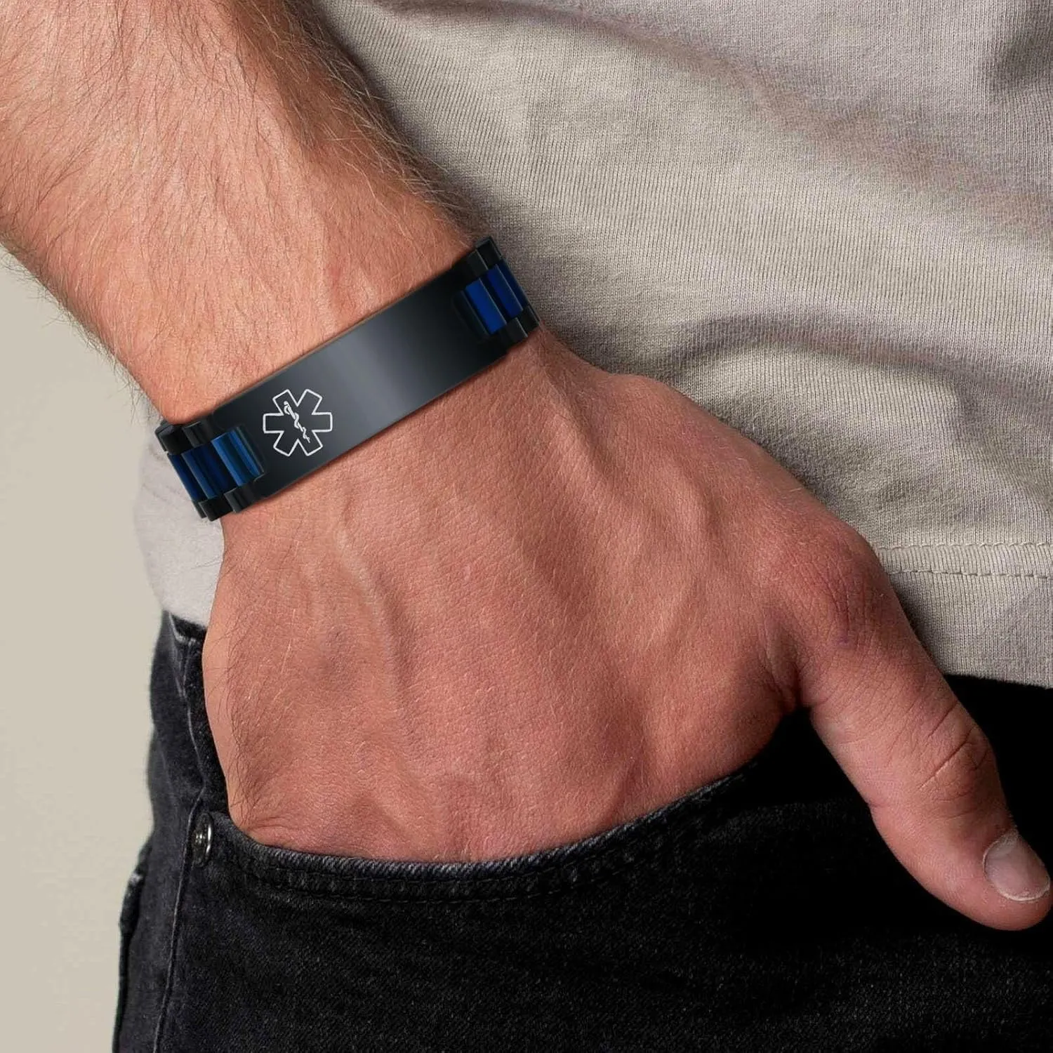 MEALGUET Medical ID Bracelet for Men: Free Engraving Stainless Steel Masculine Watch Band Style Medical Alert Wristband Personalized Medic ID Bracelet Jewelry for Men Dad