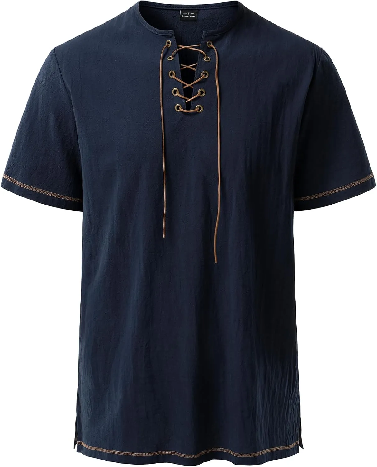 Men's Pure Cotton Retro Short Sleeves Lace Up Shirts for Casual Renaissance Pirate Medieval Viking Without Belt