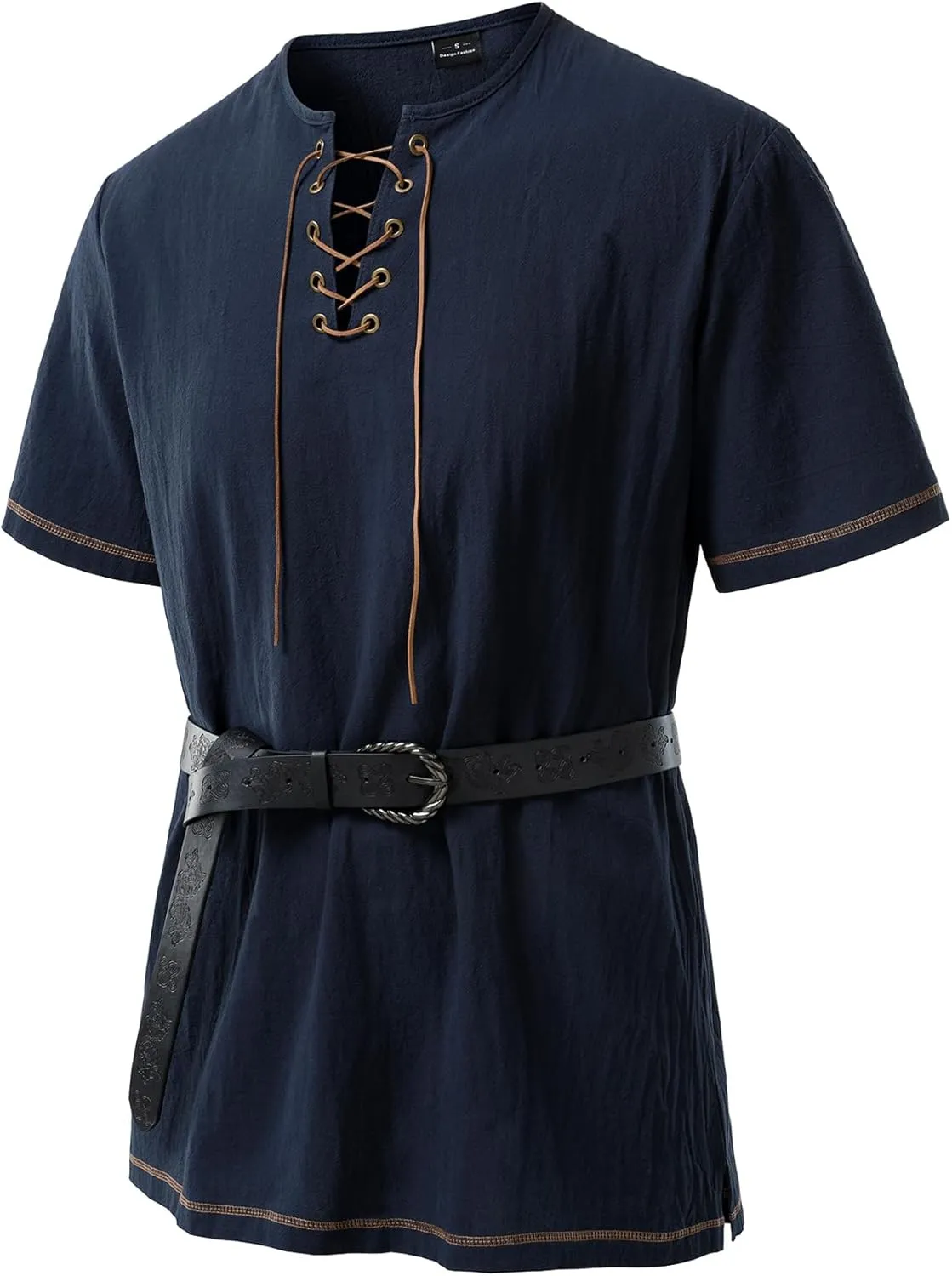 Men's Pure Cotton Retro Short Sleeves Lace Up Shirts for Casual Renaissance Pirate Medieval Viking Without Belt