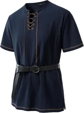 Men's Pure Cotton Retro Short Sleeves Lace Up Shirts for Casual Renaissance Pirate Medieval Viking Without Belt