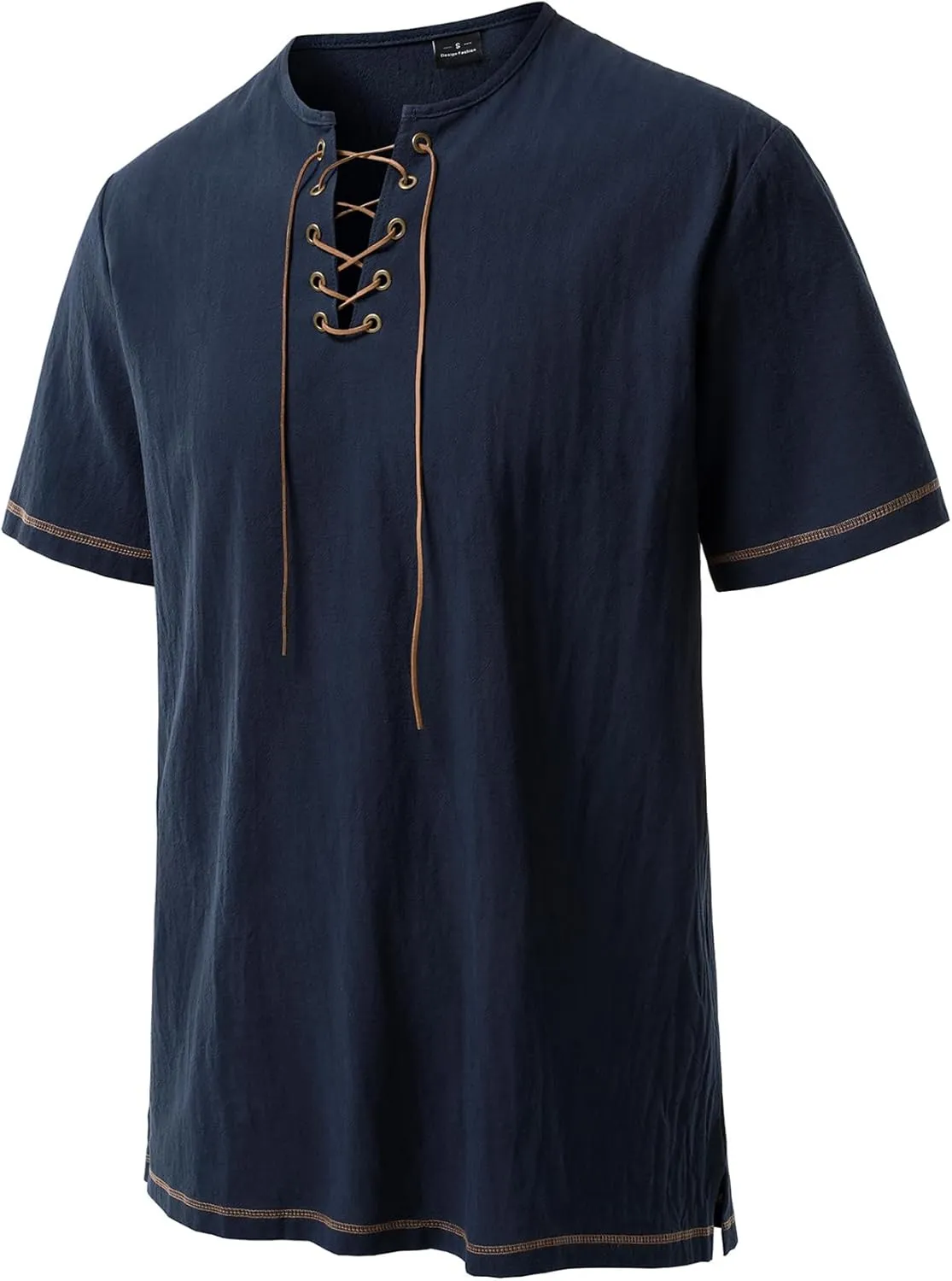 Men's Pure Cotton Retro Short Sleeves Lace Up Shirts for Casual Renaissance Pirate Medieval Viking Without Belt