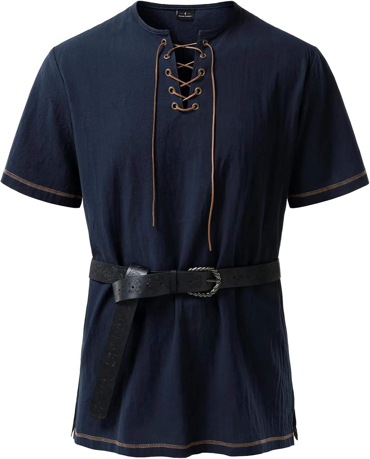 Men's Pure Cotton Retro Short Sleeves Lace Up Shirts for Casual Renaissance Pirate Medieval Viking Without Belt