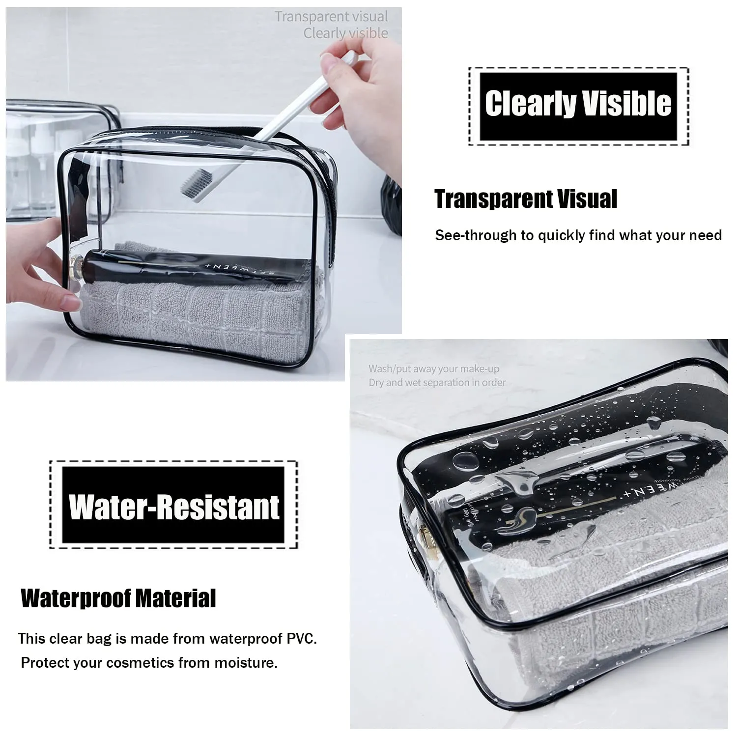 MODENGKONGJIAN TSA Approved Clear Toiletry Bag, 2 Pack Clear Quart Size Travel Makeup Cosmetic Bags with Handle Large Opening, Carry on Airport Airline Compliant Bag for Women Men (Black)