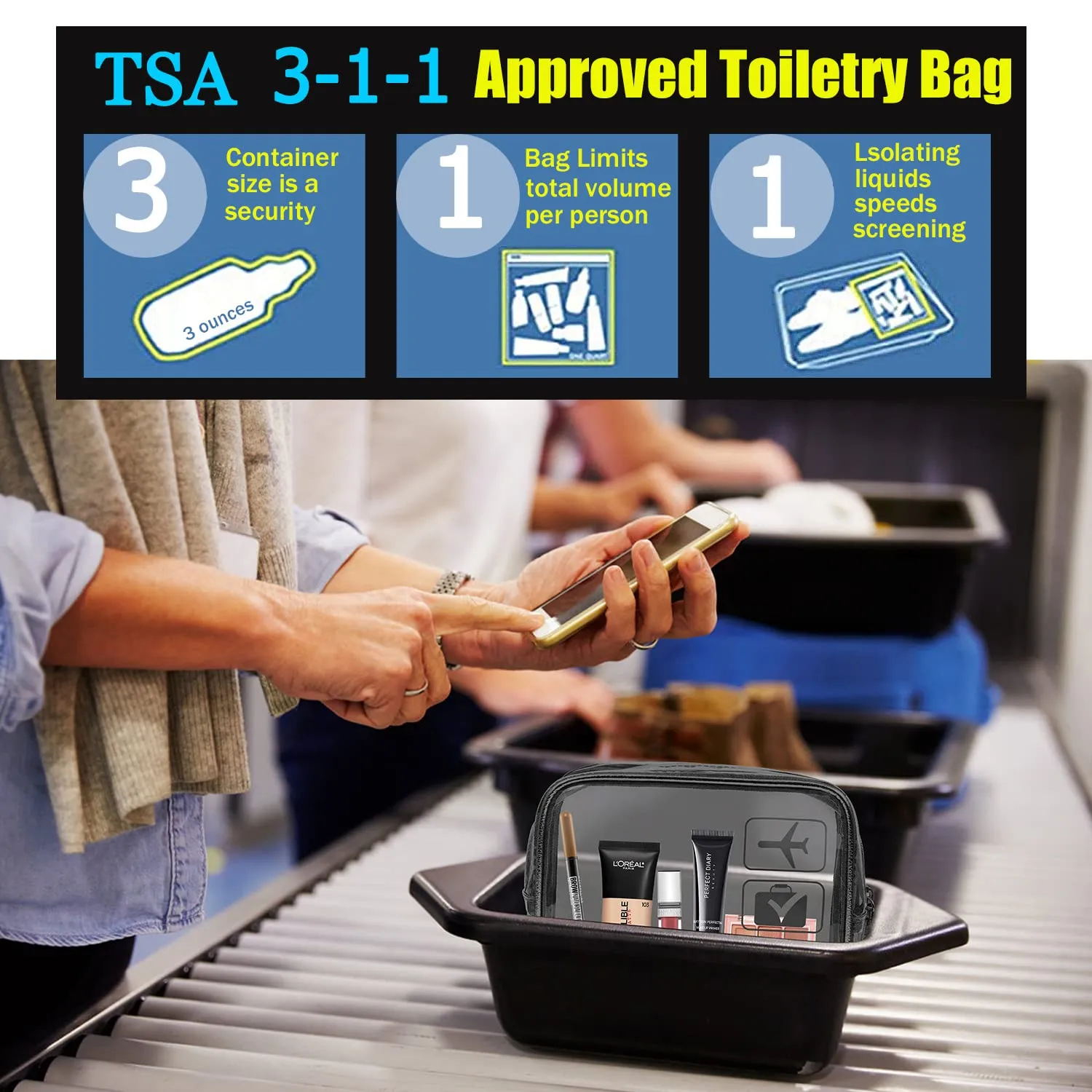 MODENGKONGJIAN TSA Approved Clear Toiletry Bag, 2 Pack Clear Quart Size Travel Makeup Cosmetic Bags with Handle Large Opening, Carry on Airport Airline Compliant Bag for Women Men (Black)