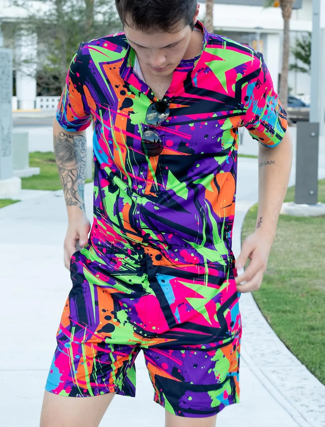 RAISEVERN Mens Romper Zipper Jumpsuit Male Shorts Sleeve One Piece Overalls Bro Outfits
