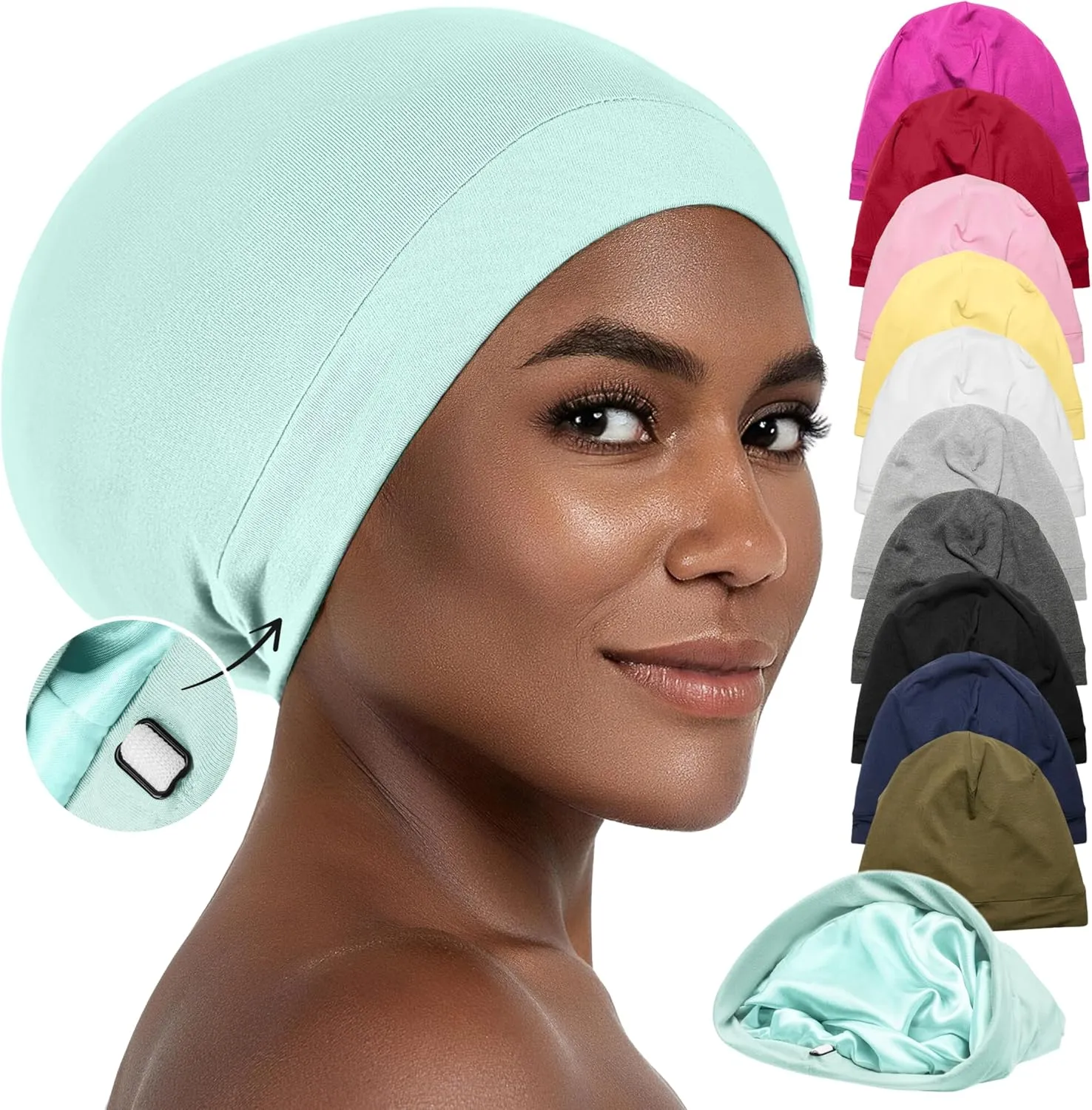 Silk Satin Bonnet Hair Cover Sleep Cap for Sleeping Beanie Hat Adjustable Stay On Headwear Lined Natural Nurse Cap for Women