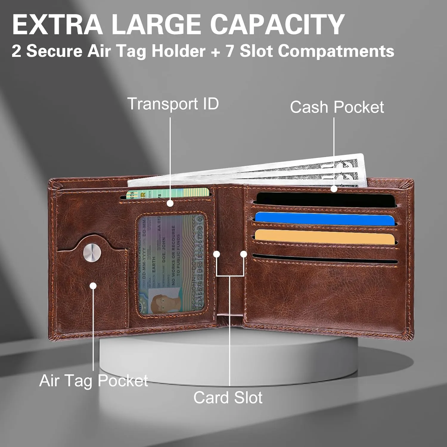 Slim Leather Wallet for Men Airtag Hidden, Large Bifold Mens Wallet RFID Blocking with ID Windows, Credit Card Holder for Men Wallet