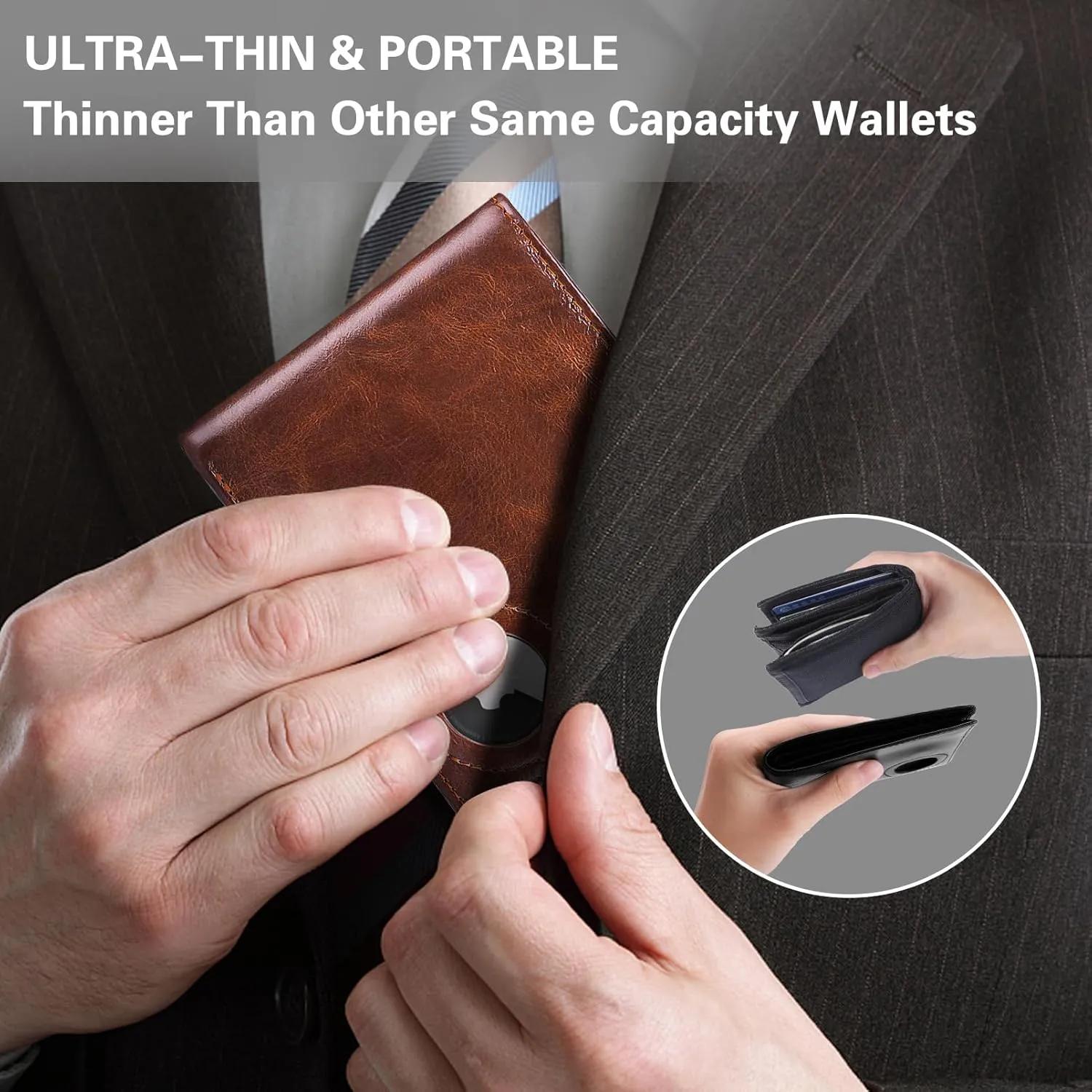 Slim Leather Wallet for Men Airtag Hidden, Large Bifold Mens Wallet RFID Blocking with ID Windows, Credit Card Holder for Men Wallet