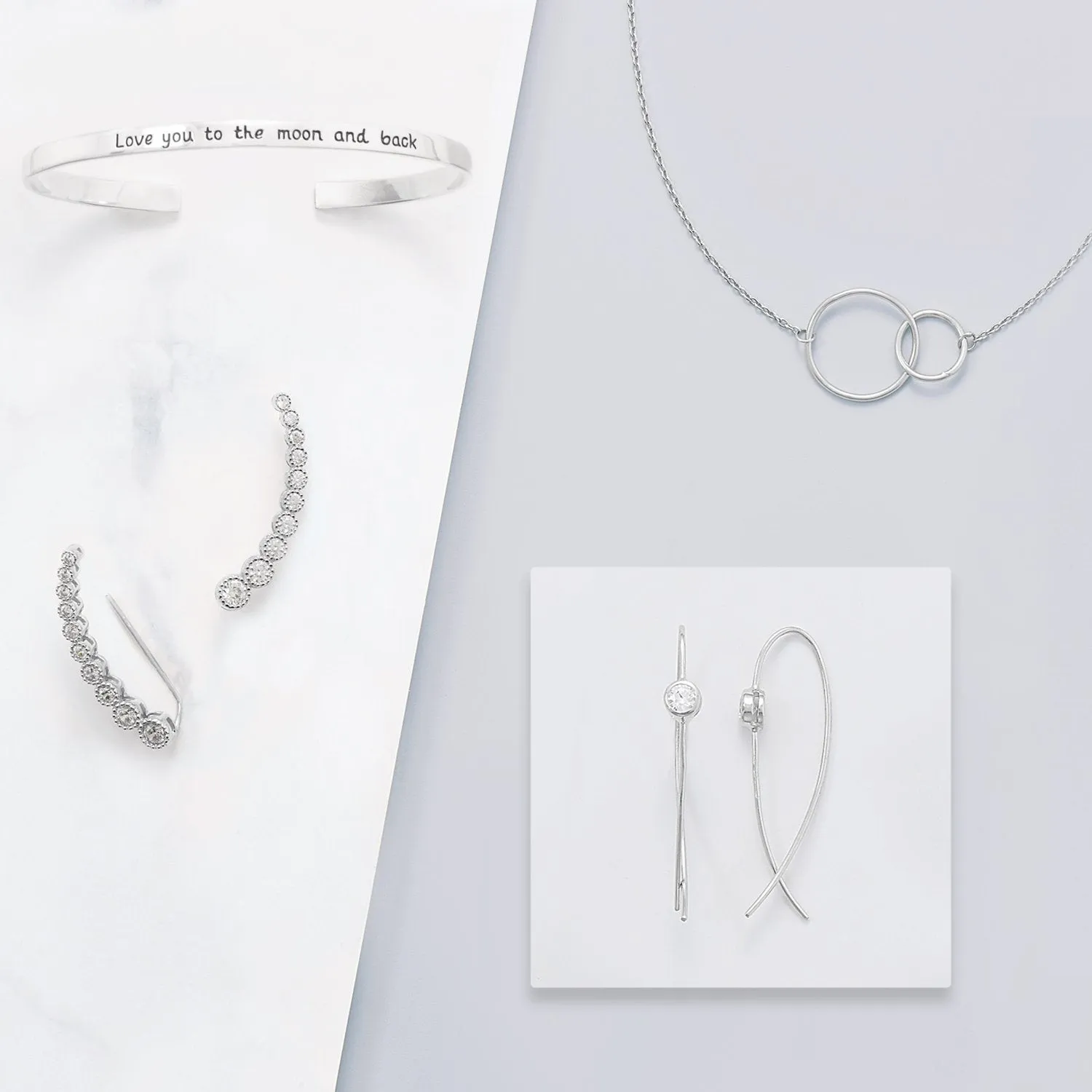 Textured Rhodium Plated Bezel CZ Ear Climbers