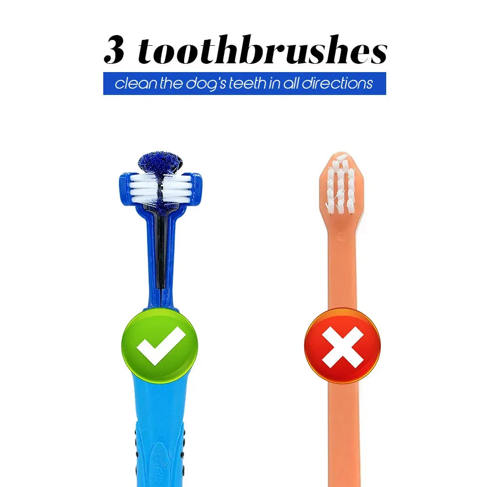 Ultimate Pet Dental Care: 3-Sided Dog Toothbrush for Fresh Breath, Tartar-Free Teeth - Soft Bristles, Rubber Grip - Cat & Dog Dental Tool