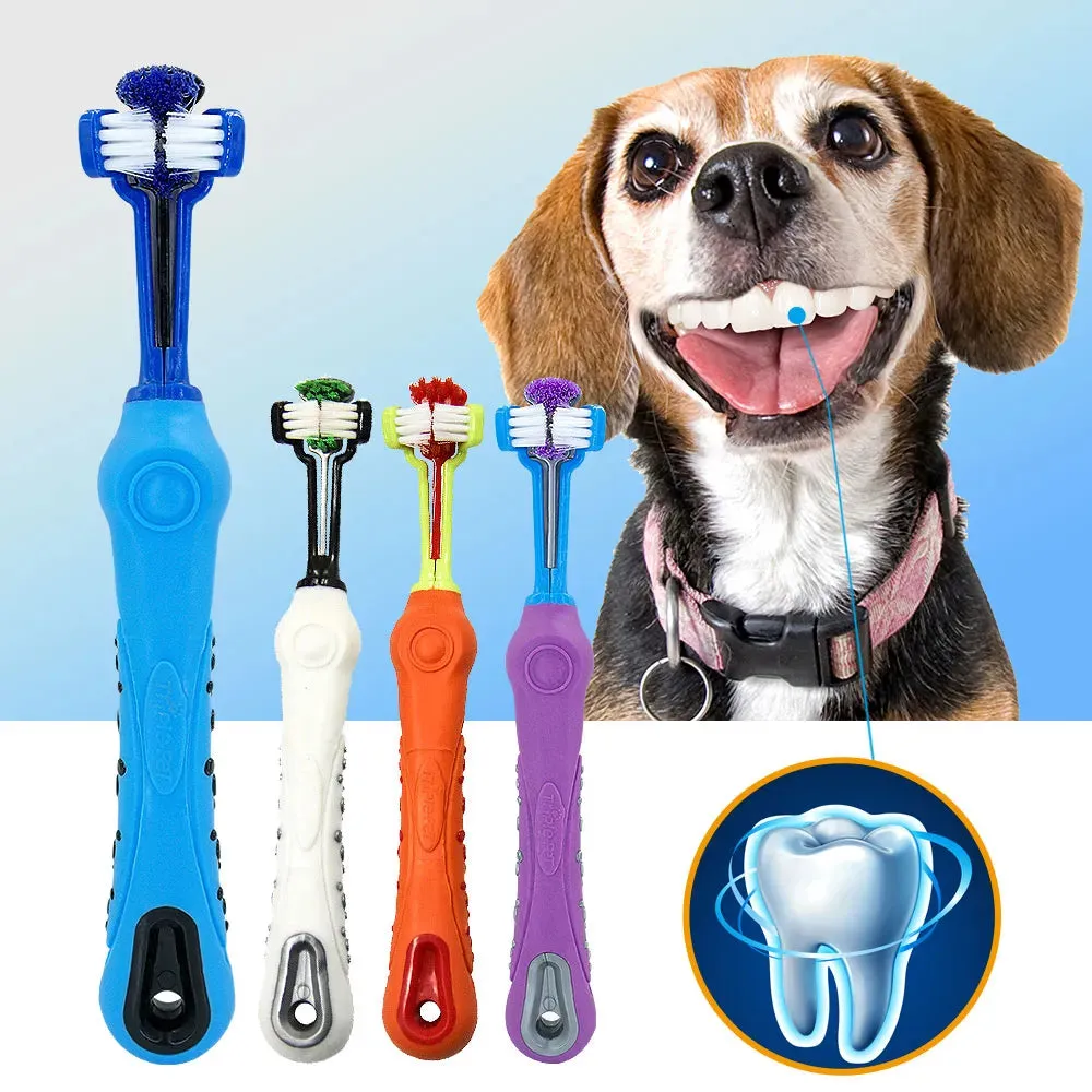Ultimate Pet Dental Care: 3-Sided Dog Toothbrush for Fresh Breath, Tartar-Free Teeth - Soft Bristles, Rubber Grip - Cat & Dog Dental Tool