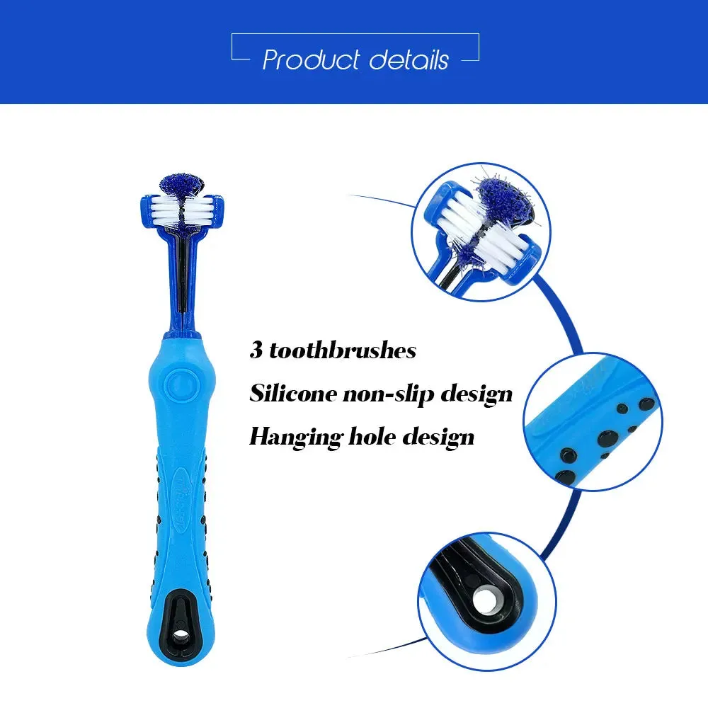 Ultimate Pet Dental Care: 3-Sided Dog Toothbrush for Fresh Breath, Tartar-Free Teeth - Soft Bristles, Rubber Grip - Cat & Dog Dental Tool